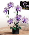 Purple Orchid Building Block Set With Vase, 619 Pieces, Phalaenopsis Floral Model on wooden table, compatible with Lego flowers.