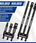 Six Piece Socket Adapter Extension Set With Quarter Inch Hex Shank For Quarter Inch, Three Eighths Inch, And Half Inch Drive Sockets