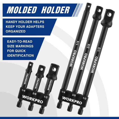 Six Piece Socket Adapter Extension Set With Quarter Inch Hex Shank For Quarter Inch, Three Eighths Inch, And Half Inch Drive Sockets