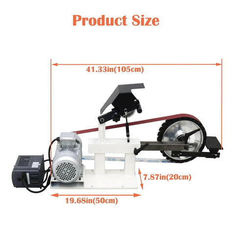 Built Tough Bench Belt Sander And Disc Grinder features dimensions 41.33in x 19.68in x 7.87in, showcasing its sturdy build and motor.