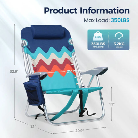 Two Pack Aluminum Folding Beach Chairs With Four Position Recline And Lay Flat Option, Includes Cooler Bag