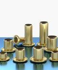Top Shelf Pure Brass Hollow Rivet Eyelets For Leather And Heavy Duty Fabric Crafting Secure Fastener Clips Smooth Grommet Assortment 200 Pieces, assortment of brass grommets on a blue background.