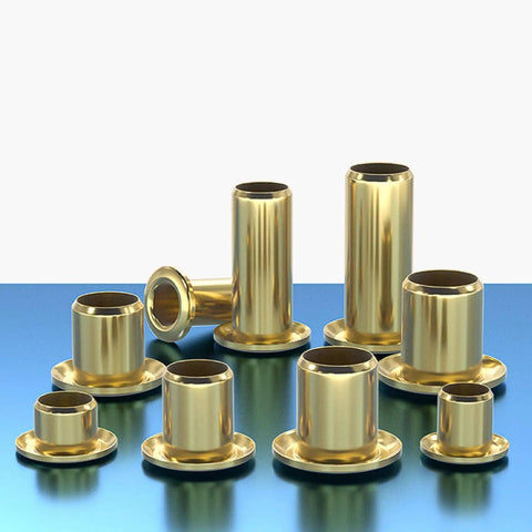 Top Shelf Pure Brass Hollow Rivet Eyelets For Leather And Heavy Duty Fabric Crafting Secure Fastener Clips Smooth Grommet Assortment 200 Pieces, assortment of brass grommets on a blue background.