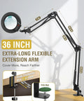 Ultra Long 3 Section Swing Arm Magnifier Lamp with Light and Clamp Real Glass Lens Dimmable LED with 5 Color Modes