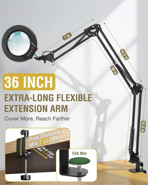 Ultra Long 3 Section Swing Arm Magnifier Lamp with Light and Clamp Real Glass Lens Dimmable LED with 5 Color Modes