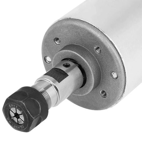 Close-up of Beefy 300W Air Cooled CNC Spindle Motor for DIY Engraving and Milling, ER11 tool, showing metal construction and precision detailing.