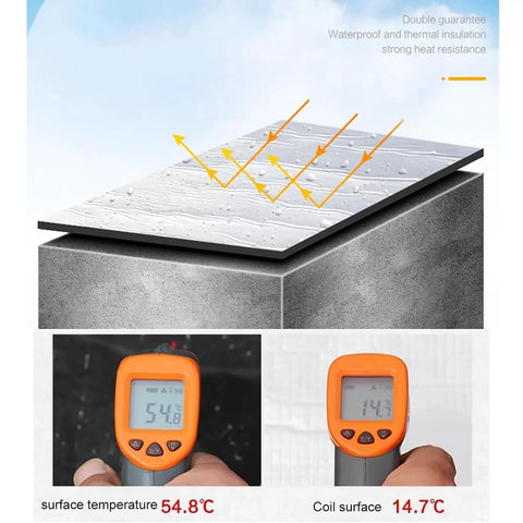 Top Shelf Heavy Duty Self Adhesive Asphalt Roofing Tape No Sweat Waterproof Underlayment Roll shown on roof with temperature readings.