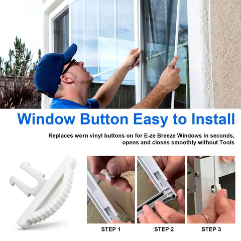 Man installing Replacement Window Latches For Vinyl RV Windows Button Style on Eze Breeze window with step-by-step guide.
