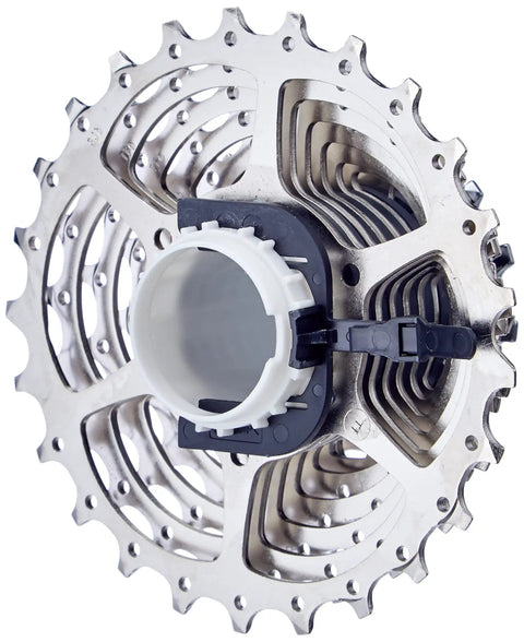 Tiagra HG50 9-Speed Cassette With 12-25 Teeth Sprockets, Hyper Glide Design, close view showing contoured shift gates and drilled design