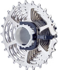 Close-up of Sora HG50 9 Speed Cassette Silver 14 to 25 Teeth with Hyper Glide Sprockets and Contoured Shift Gates for Crisp Shifts