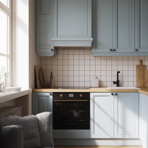 Modern kitchen with blue cabinets featuring 10 Pack Matte Black Cabinet Knobs, 1.2 Inch Round Drawer Knobs For Kitchen Cabinets.