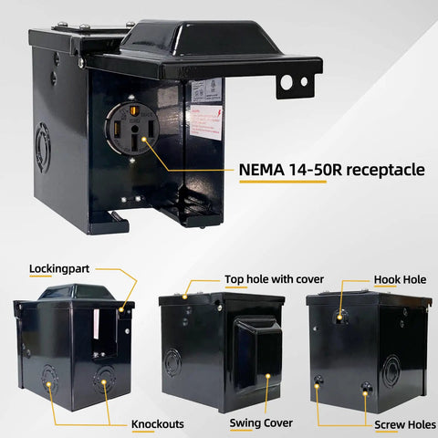 Waterproof Lockable Enclosed Power Panel Box With 50 Amp 125 250V RV 14 50R Outlet showcasing NEMA 14-50R receptacle and features
