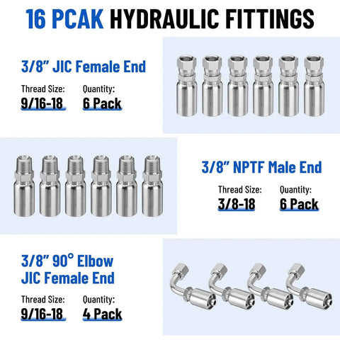 Beefed Up 3/8 Inch Hydraulic Hose Kit, 33 Ft With 16 Fittings Including JIC Female, NPTF Male And JIC 90 Degree Elbow, SAE 100 R2AT 2 Wire Braided Hydraulic Tube, High Pressure Up To 7687 PSI