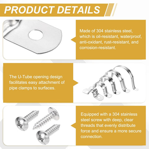 uxcell 20Pcs 25mm (1 in) 304 stainless steel two-hole pipe strap U-brackets with self-tapping screws; silver