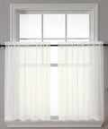 Sheer Curtain Tiers 2 Piece Set, Light Filtering Voile Window Curtains 42W X 24L Inches, Rod Pocket, Ivory, installed on small window