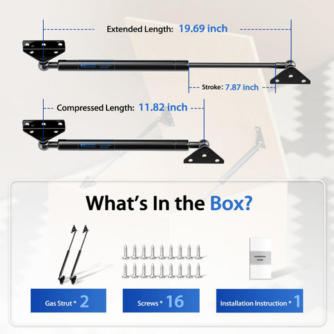 Heavy Duty 20 Inch Gas Struts Delivering 200 Pound Rock Solid Lifting Power For Sturdy Lid Mounting With Integrated One Piece Brackets, showing dimensions and contents.
