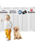 Guard Me Retractable Safety Gate for Extra Wide Openings 21.6 to 44.6 Inches, Fits Stairs, White, with child and puppy in front