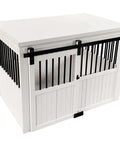EcoFlex Homestead Sliding Barn Door Dog Crate In Antique White Large with furniture style, moisture-resistant design, front view
