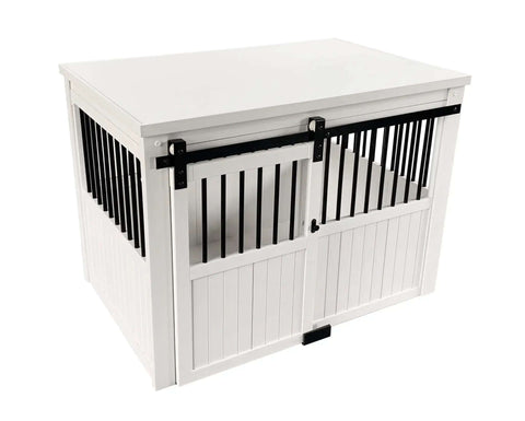 EcoFlex Homestead Sliding Barn Door Dog Crate In Antique White Large with furniture style, moisture-resistant design, front view