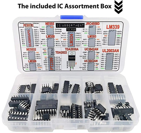 Pro Grade Electronics Components Grab Bag Kit With 2167 Pieces Including ICs, Opamps, Resistors open IC assortment box