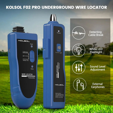Underground Wire Locator And Cable Tester F02 Pro with LED flashlight feature, blue design, tools for detecting buried wires.