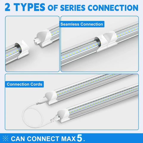 25 Pack 5 Foot LED Shop Lights With V Shape Design, connection types shown with seamless and corded link options