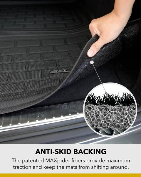 Close-up of a hand lifting the black anti-skid backing of Kagu All Weather Cargo Liner For Tesla Model Y 5-Seat 2020-2026 Rear Cross Fold Cargo Mat.