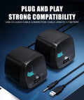 2.0 Stereo USB Powered Desktop Speakers With 3.5mm AUX In Line Volume Control And LED Lights shown on a blue surface