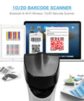 Wireless WiFi 2D Barcode Scanner with auto sensing, showing barcode on tablet and smartphone, hands free operation