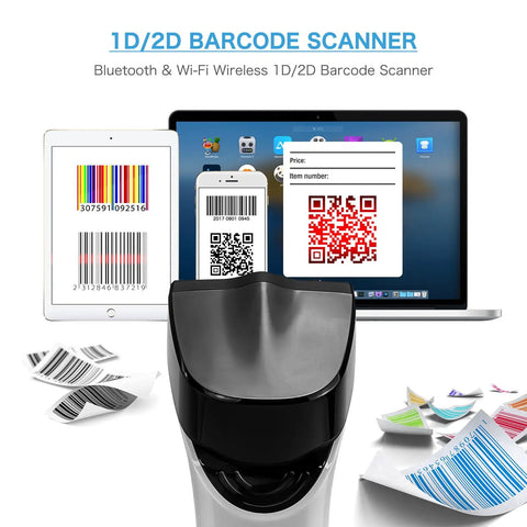 Wireless WiFi 2D Barcode Scanner with auto sensing, showing barcode on tablet and smartphone, hands free operation
