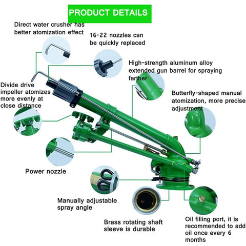 Diagram showing 2 Inch Farm Irrigation Spray Gun For Farmland Sprinkler System With 360 Degree Adjustable Coverage