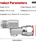 Two Pack Seven Eighths Inch Airless Paint Spray Gun Swivel Joint 3600 PSI Max, 180 Degree Swivel For Angled Spraying, Heavy Duty Aluminum Alloy, Fits Most Airless Guns And Extensions, product parameters graphic
