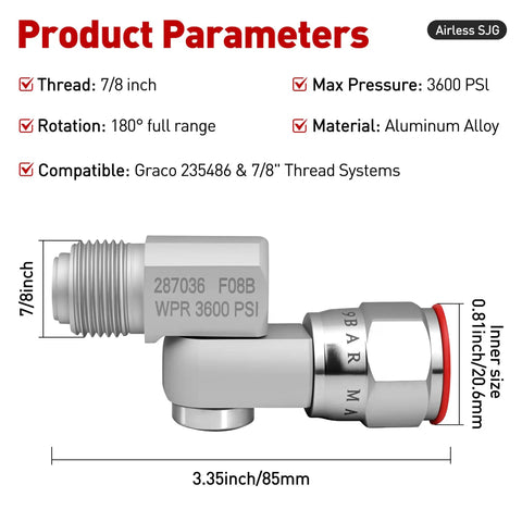Two Pack Seven Eighths Inch Airless Paint Spray Gun Swivel Joint 3600 PSI Max, 180 Degree Swivel For Angled Spraying, Heavy Duty Aluminum Alloy, Fits Most Airless Guns And Extensions, product parameters graphic