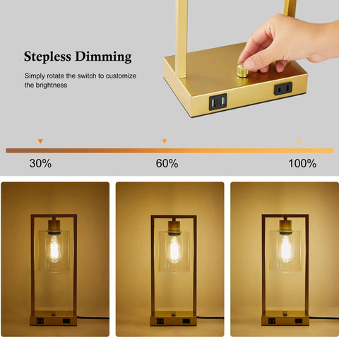 Industrial Table Lamp Set Of 2 With Gold Finish, Dimmable Nightstand Lamps, USB Ports And AC Outlet, showing dimming feature
