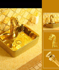 Slick Gold Bathroom Vessel Sink With Prime Ceramic Basin And Top Shelf Faucet Bundle For Modern Above Counter Vanity Setup with dragon faucet.