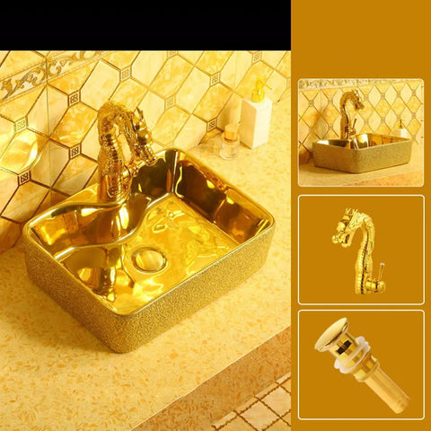 Slick Gold Bathroom Vessel Sink With Prime Ceramic Basin And Top Shelf Faucet Bundle For Modern Above Counter Vanity Setup with dragon faucet.