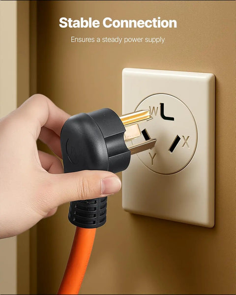 Person plugging in the Legit Heavy Duty 25 Foot 30 Amp Dryer Extension Cord With 10 Awg Pure Copper And Nema 10 30 P To R Plugs.
