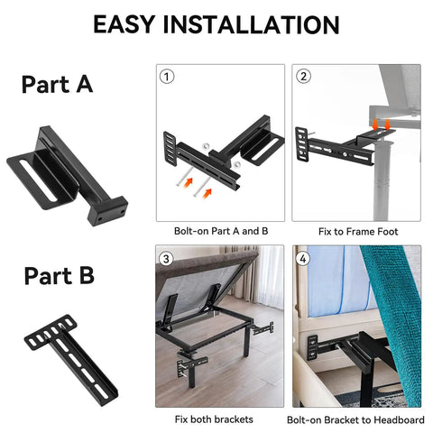 Straight Up Sturdy Headboard Bracket Kit For Adjustable Beds And Metal Frames assembly steps showing Part A and B with black steel brackets.
