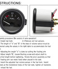 52mm Fuel Level Gauge Kit With Tank Sending Unit for Boats, RVs, and Marine Equipment, 12V Universal Water and Fuel Sender, 2-Inch Gauge Meter, Plug-And-Play Rugged Marine Sensor for Accurate Fuel Readings, front and side view with instructions