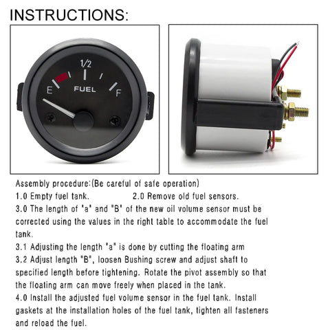 52mm Fuel Level Gauge Kit With Tank Sending Unit for Boats, RVs, and Marine Equipment, 12V Universal Water and Fuel Sender, 2-Inch Gauge Meter, Plug-And-Play Rugged Marine Sensor for Accurate Fuel Readings, front and side view with instructions
