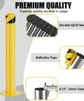 Heavy Duty Steel Safety Bollard Posts 36 Inches Tall 4 5 Inch Diameter Yellow Powder Coated, showing reflective tape detail.