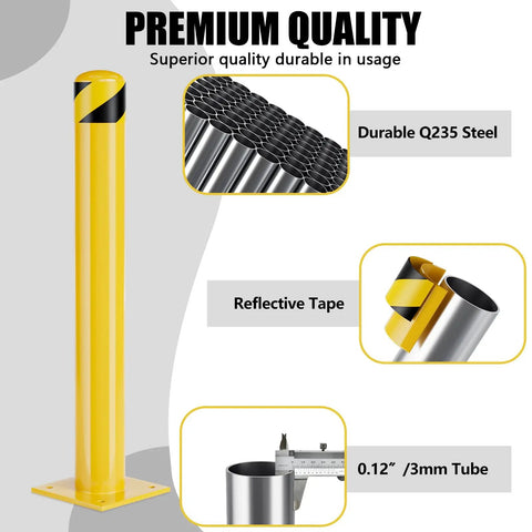 Rock Solid Heavy Duty Steel Safety Bollards Yellow Powder Coated Parking Barriers 42 Inch with reflective tape and durable Q235 steel.