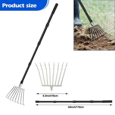 Leaf Rake With Eight Round Tine Design For Quick Lawn Cleanup Metal Garden Rake shown in full and close-up view