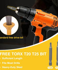 Close-up of orange drill with free Torx T20 and T25 bits, suitable for heavy-duty steel applications