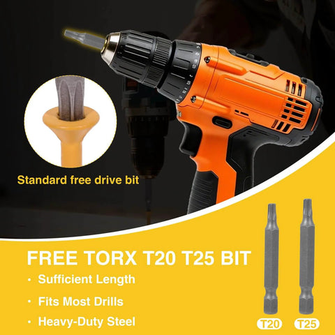 Close-up of orange drill with free Torx T20 and T25 bits, suitable for heavy-duty steel applications
