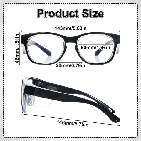 Product size details of Heavy Duty Shop Ready Anti Fog Safety Glasses Featuring Rock Solid Side Shields And Easy Adjust Temples.
