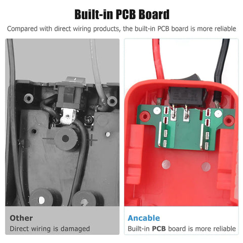 Comparison of 18V Battery Adapter Kit for DIY Ride On Cars and RC Toys, showing built-in PCB board versus direct wiring damage.