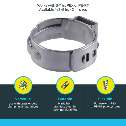3/4 Inch Clamp Ring For PEX And PE-RT Tubing Stainless Steel Barb Clamp Ring Durable Plumbing Fittings Easy Install Pack Of 100 UC955CP100 Ideal For DIY Home Plumbing Leak Free Connections, close-up view highlighting metal construction