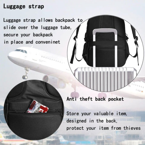 Conveyor Belt Inspired Travel Laptop Backpack With USB Port and Headphone Jack, showing luggage strap and anti-theft pocket.