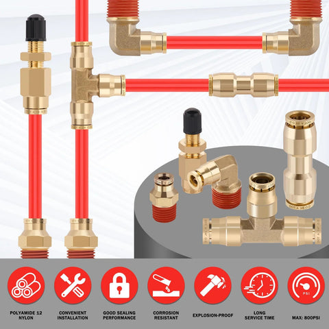 Brass DOT air line fittings kit with red pneumatic tubing; 76-piece set